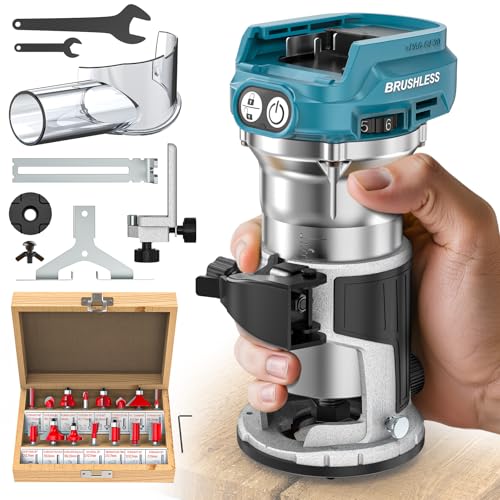 Cordless Compact Router Compatible with Makita 18V Battery, With 15Pcs Router Bits 6 Variable Speeds for Woodworking, 800W 30000 RPM Fixed Base Wood Router With Trim Bits