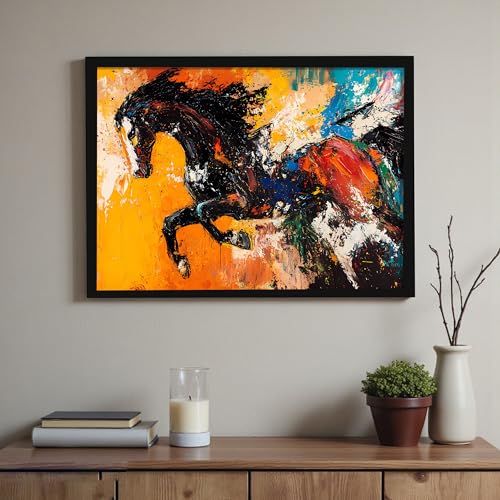 Image of Running Horse Vastu Framed Wall Art Painting For Living Room| Abstract Horse Painting With Frame Symbol of Strength & Confidence Wall Art for Home & Office, 17x23 Inch