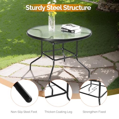 Image of VINGLI 40'' Outdoor Dining Table with Umbrella Hole, All Weather Round Patio Table, Waterwave Tempered Glass Top and Metal Frame, for Garden Porch Balcony Yard