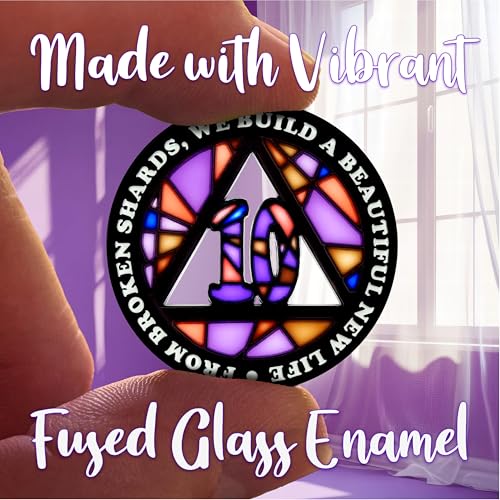 Image of Stained Glass 10 Year AA Chip Sobriety Coin Medallion, Fragments to Freedom Alcoholics Anonymous Addiction Recovery Anniversary Token, Inspirational Sober Gifts for Men and Women by the Token Shop