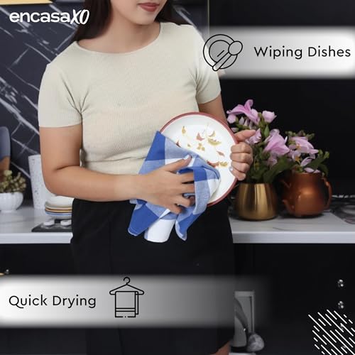 Image of Encasa XO Kitchen Towels Cotton Pack of 4 | 70x45 cm, Buffalo Blue Checks - Dish Cloths | Highly Absorbent Cleaning & Wiping Cloths for Kitchen | Reusable Tea Towels