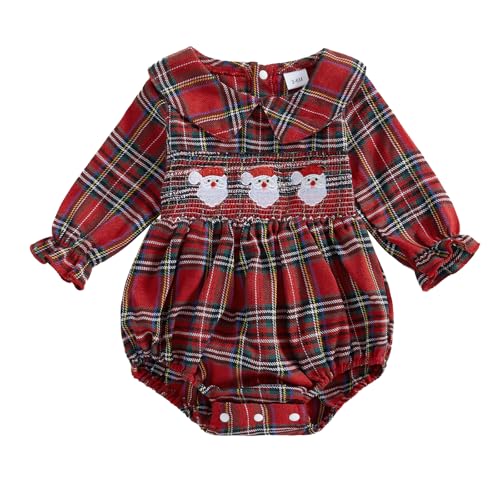 Image of Adobabirl Baby Girl Christmas Outfit Santa Claus Bubble Romper Long Sleeve Embroidery Plaid Jumpsuit Cute Christmas Clothes