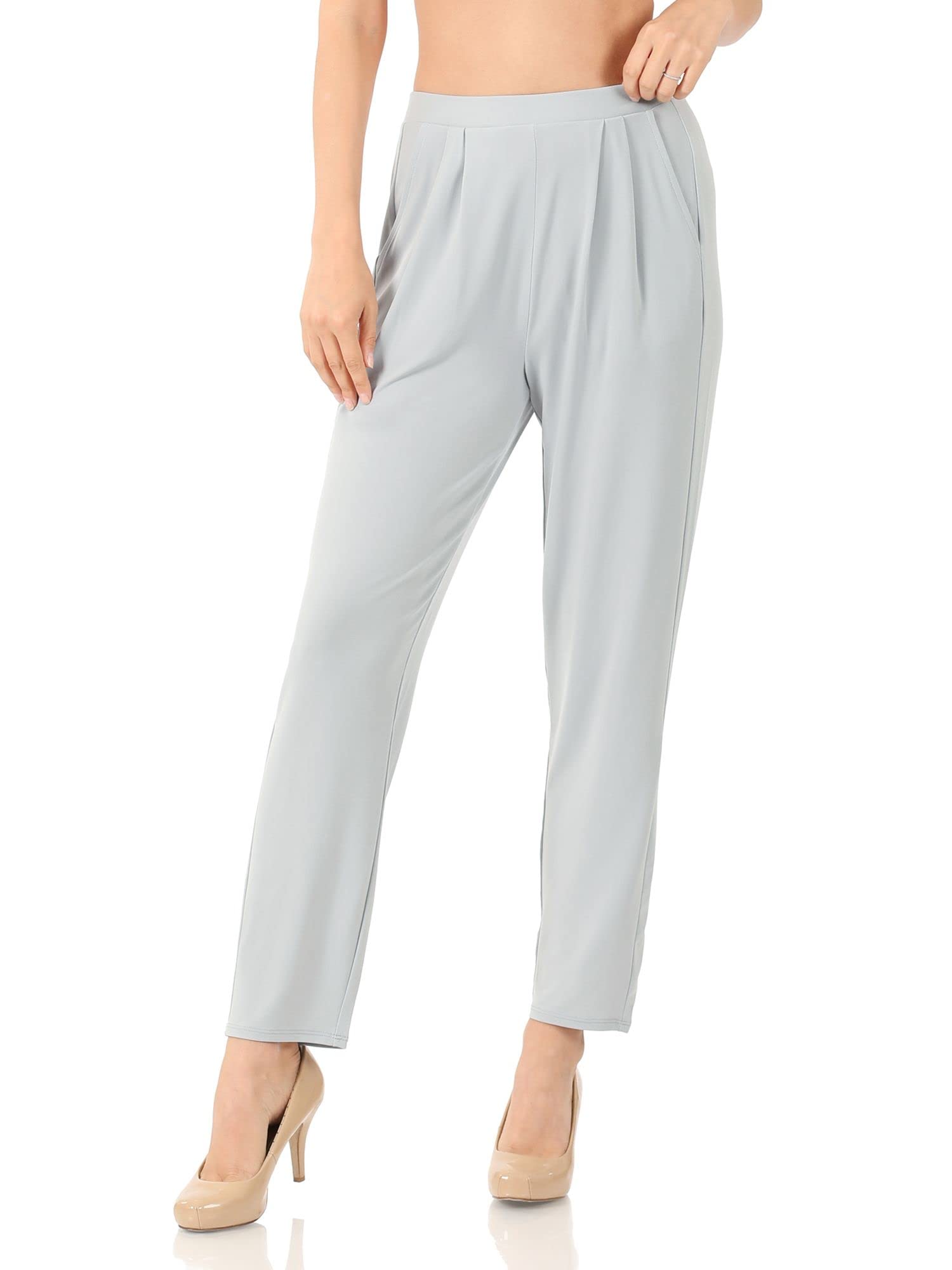 DAY VILLAGE Womens Casual Elastic Waist Tapered Leg Pleated High-Rise Pants with Side Hand Pockets