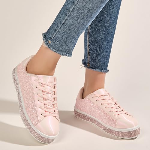 Image of UUBARIS Women's Glitter Tennis Sneakers Neon Dressy Sparkly Sneakers Rhinestone Bling Wedding Bridal Shoes Shiny Sequin Shoes