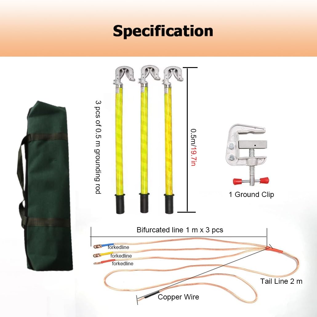 Genérico Cable de Puesta a Tierra de Alta tensión de 10 kV con 3 Varillas/Postes de Puesta a Tierra, Cable de Cobre Blando Transparente de 25 cm² para Salas de distribución eléctrica (Verde, 0,5