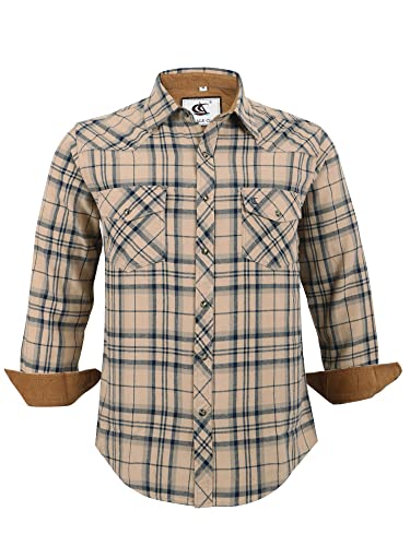 COEVALS CLUB Men's Western Pearl Snap Flannel Casual Plaid Work Shirts(Khaki Plaid #5 L)