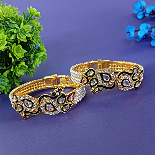 Efulgenz Fashion Jewellery Indian Bollywood 14 K Gold Plated Faux Pearl Kundan Rhinestone Peacock Bracelet Bangle (2 Pc)2