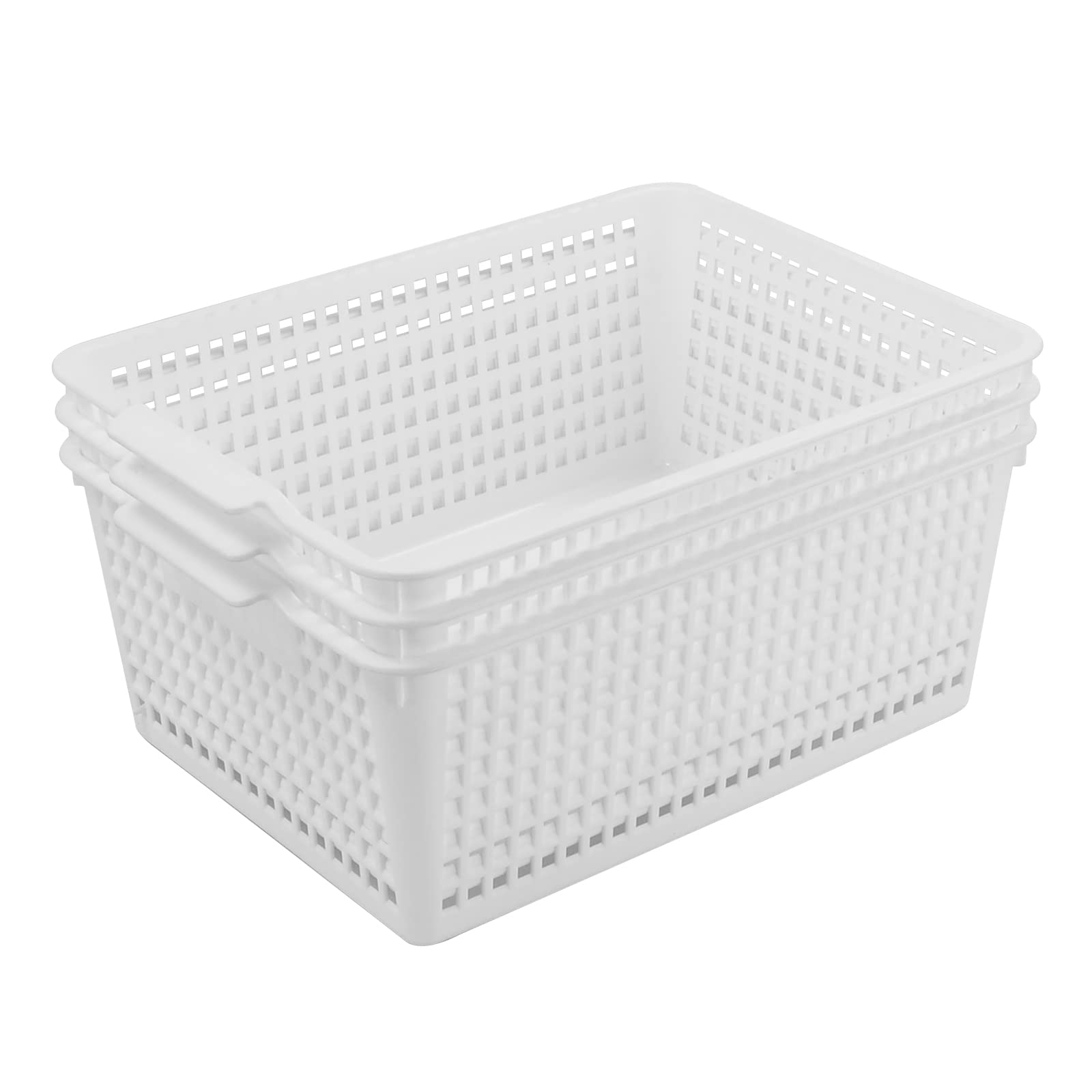 Tyminin 3 Pack Large Plastic Rectangle Baskets, Kitchen Cupboard Baskets, Woven Storage Organiser Bin for Kitchen, Bathroom, Bedroom, Office, Makeup, Toys & Drawers