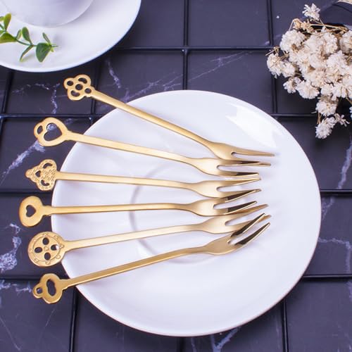 AYNEFY 5pcs Stainless Steel Fruit Forks Set 2 Prong Small Appetizer Dessert Forks Gold Dishwasher Safe Rustproof for Cocktail Party Wedding Picnic