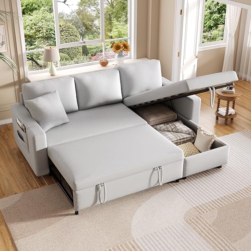 Sofá Cama con función Dormir, sofá en Forma de L, sofá Chaise Longue con Espacio de Almacenamiento, con portavasos, sofá Cama de salón, Chaise Longue Intercambiable Izquierda y Derecha.