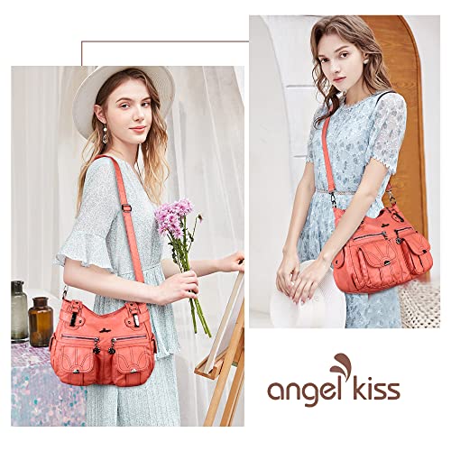 Image of Angel Kiss Women's Designer Handbag Large Double Zipper Multi Pocket Washed Leather Purse