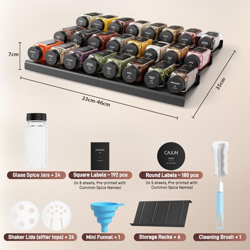 24pcs/set Spice Jars with Stands 120ml, Spice Jar with Lids and 372 Labels, Spice Containers with Shaker Lid (Sieve Lid) & Mini Funnel & Cleaning Brush & Storage Rack, For Drawers Between 30 and 60 cm - Image 2