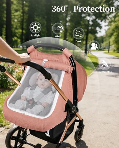 Image of DILIMI Car Seat Covers for Babies, Muslin Cotton Baby Car Seat Cover with Breathable Mesh Window, Summer Infant Car Seat Canopy for Boys Girls Newborn, Dark Pink