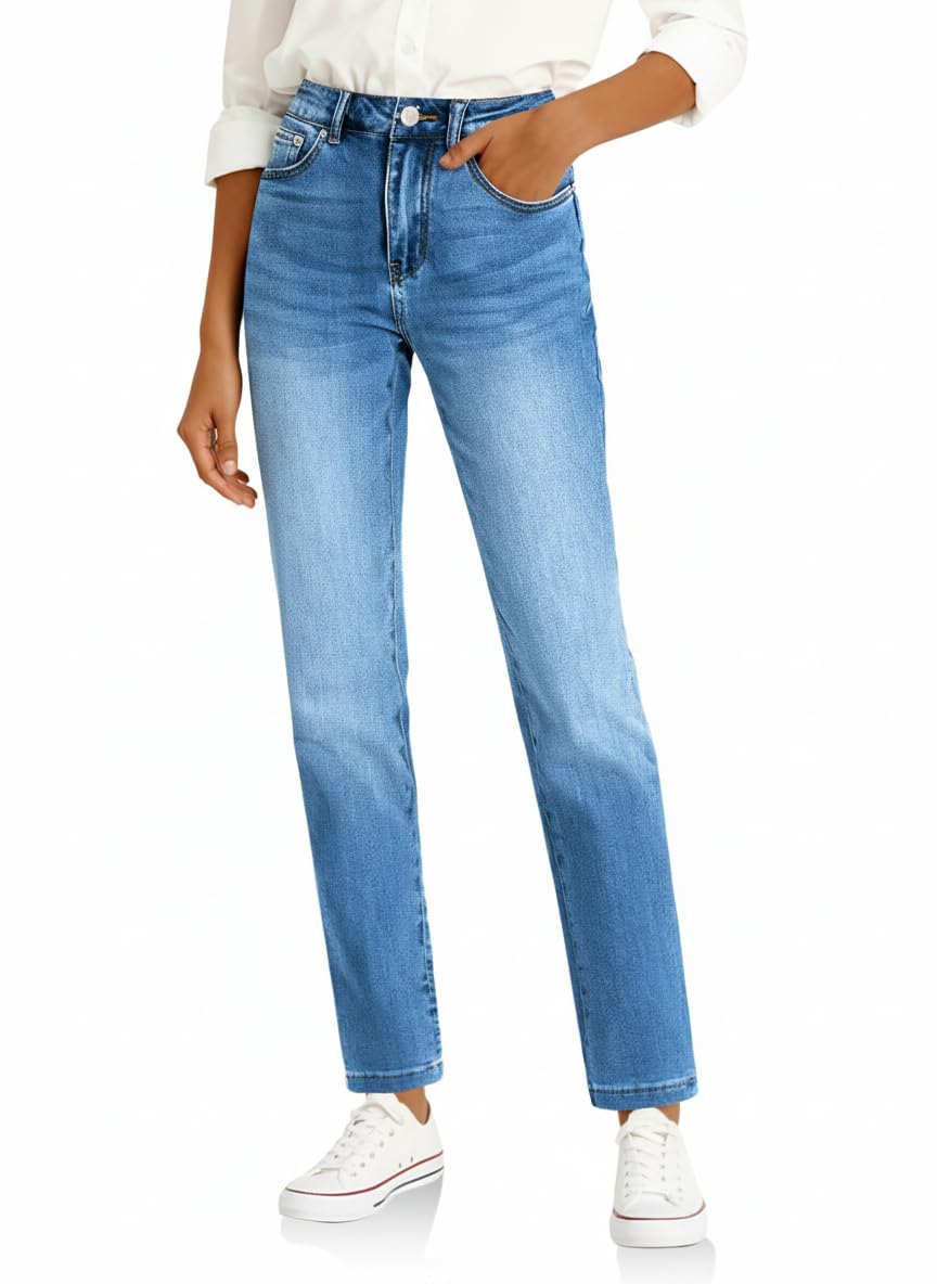 Cicy Bell Damen Jeans Straight Fit Jeanshosen Mittlere Taille Denim Skinny Hosen mit Taschen