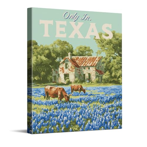 CYFDYVT Vintage Texas Longhorn Bluebonnets Wall Art Vintage Rustic Western Landscape Painting Poster Prints Western Wall Decor for Living Room Bedroom Bathroom for Home Office eady to Hang 8x10 inch
