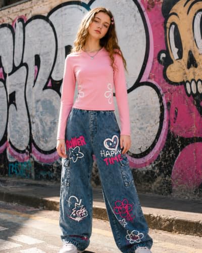 Image of Tween Girls Clothes 2 Piece Long Sleeve Top + Denim Cargo Pants, Teen Girls Fall Clothing Set, Sizes 7-16 Years