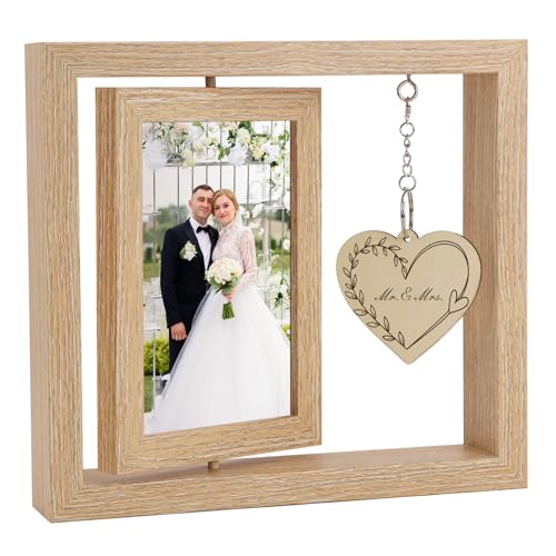 Rotating Floating Photo Frame 2025 Wedding Picture Frames 6x4 Double Engagement Photo Frame Wooden Picture Frames Wedding Gifts for Bride and Groom