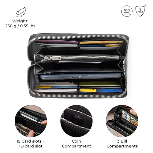 Image of BERLINER BAGS Genuine Leather Zip Wallet Women Lyon, Gift Box - Black | Soft Leather Zip Around Wallet, Fits up to Phone 6.9 inch, 15 Card Slots, 1 ID Window, 3 Bill Slots, 1 Coin Pocket, RFID Blocking