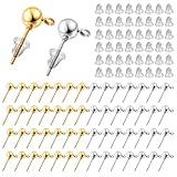 120 PCS Earring Posts for Jewelry Making, Ball Studs with Loop, Round Ball Earring Posts Balls Post with 200PCS Clear EarringBacks for DIY Jewelry Making (Silver, Gold)