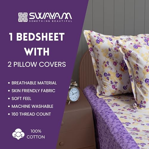 Image of Swayam Pure Cotton Double Bedsheet with 2 Pillow Covers | Size 90 x 100 inch | 160 TC | Floral Design | Soft Breathable Bed Sheet | Comfortable & Durable for Bedroom - Cream & Purple