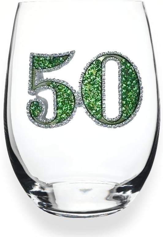 THE QUEENS' JEWELS 50th Birthday Jeweled Stemless Wine Glass, 21 oz. - Unique Gift for Women, Birthday, Cute, Fun, Not Painted, Decorated, Bling, Bedazzled, Rhinestone
