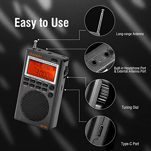 Image of Raddy RF760 Portable SSB Shortwave Radio Receiver with NOAA Alert, Full Band AM /FM /SW /CB /VHF /UHF /WX /AIR, Battery Operated, Rechargeable Digital Radio with Earphone Jack and 9.7ft Wire Antenna