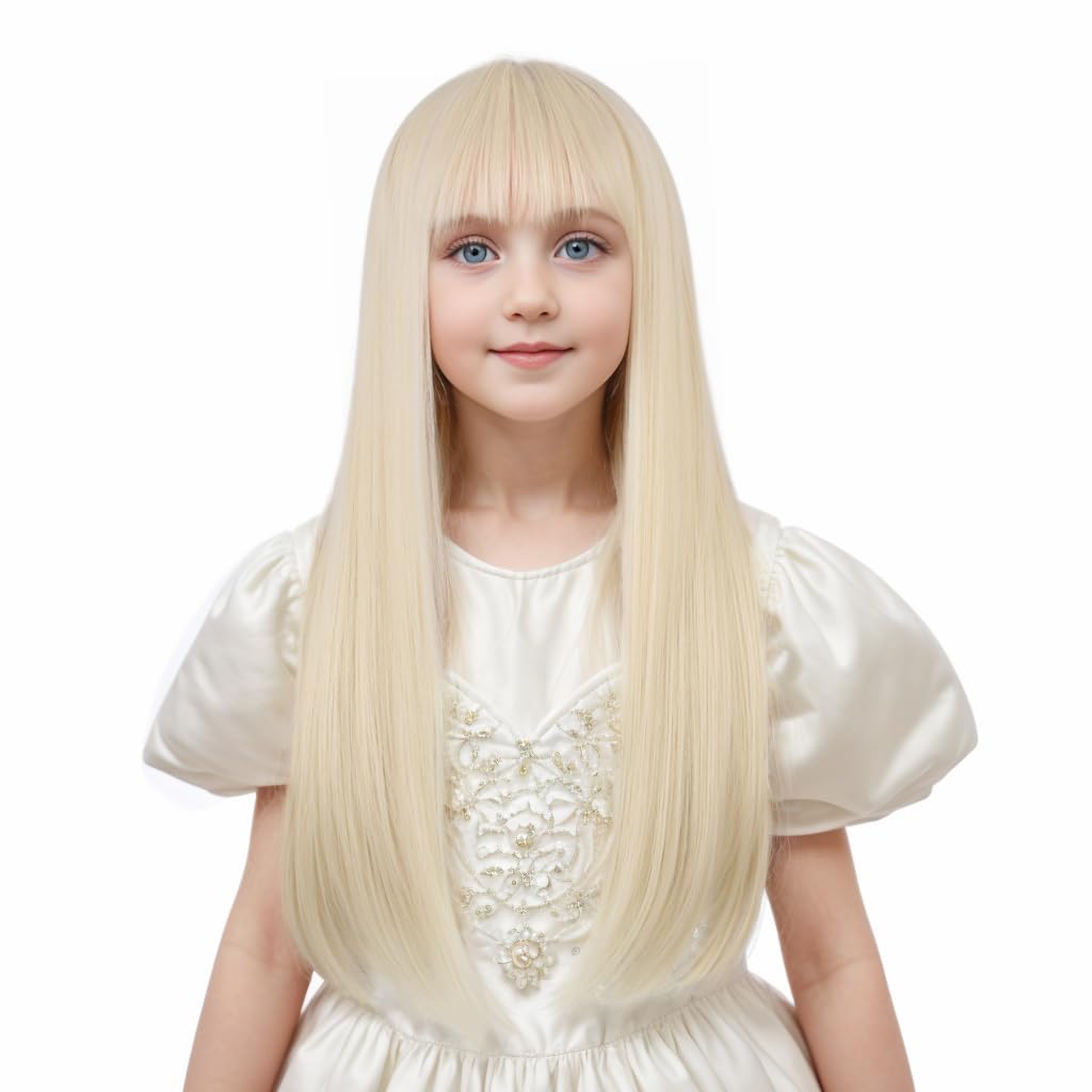 Ufindcos Kids Blonde Wig with Bangs Girls Light Blond Wig Long Straight Wigs Daily Party Halloween Wigs