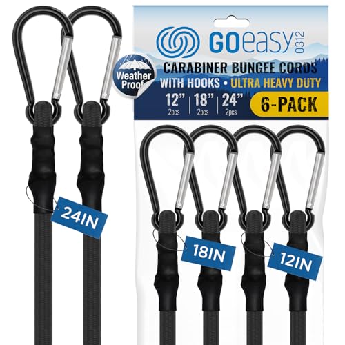 Image of GOEASY0312 Heavy Duty Bungee Cords with Carabiner 12 inch 18 inch 24 inch, 6PCS Black | 200 LBS Max Break Strength, UV Resistant, Locking Carabiner Hooks, Double-Braided Latex & Rubber