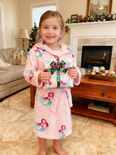 Image of Girls Fleece Hooded Robes, Warm Printed Bath Robe for Kids Soft Fuzzy Bathrobe for Gifts