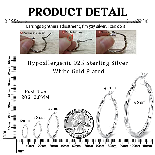 Sllaiss 925 Sterling Silver Twisted Hoop Earrings for Women White Gold Plated Small Hoop Earrings Lightweight Huggie Hinged Hoop Earring 12MM-60MM2