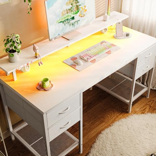 Image of Huuger 55 inch Computer Desk with 4 Drawers, Gaming Desk with LED Lights & Power Outlets, Home Office Desk with Large Storage Space for Bedroom, Work from Home, White