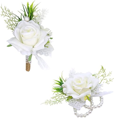 Ansofi Juego de ramillete blanco y boutonniere con rosas artificiales, ramillete de muñeca y botoneros para novio, novios, novias, damas de honor,