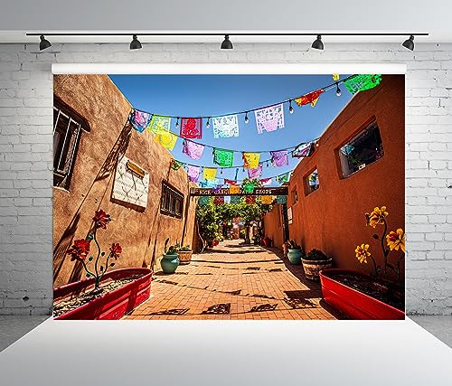 BELECO 12x10ft Fabric New Mexico Historic Old Town Street Backdrop Adobe Style Buildings Colorful Paper-Cut Streamers Mexican Fiesta Carnival Background Mexican Party Decorations Photo Studio Props