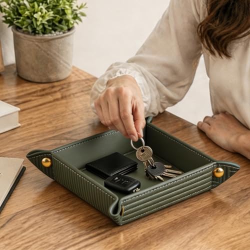 Image of YAPISHI Light Luxury Valet Tray for Men, PU Leather Vanity Jewelry Tray & Decorative Perfume Catchall, Folding Travel EDC Dump Tray, Nightstand Organizer Caddy for Keys, Watches, Coin Bowl Dish