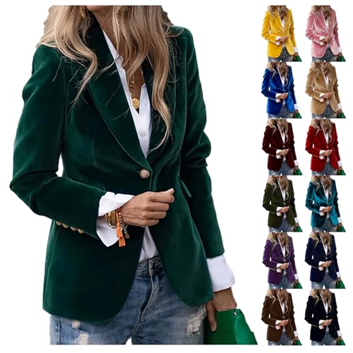 Women's Velvet Blazer Business Casual Suit Jackets Button Up Lapel Long Sleeve Blazers Work Office Coats Outerwear A-Green
