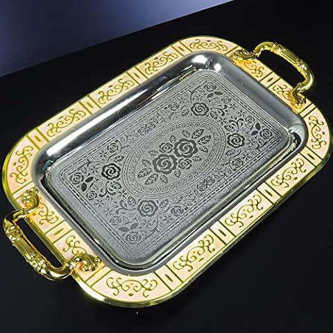 Gold Silver Turkish Tea Coffee Serving Tray Decorative with Handles for Party Table Vanity Perfume Bar Outdoor Rectangular Metal Cups Glasses Teapot Dresser Dessert Jewelry Espresso Gift Women Cover