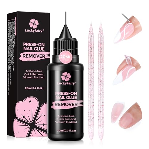 Luckyfairy Pinpoint Nail Glue Remover: 20ml Press on Nail Remover with Cuticle Pusher, Gentle...