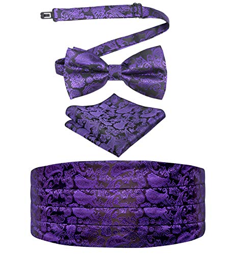Image of Alizeal Mens Multicolored Silk Solid Cummerbund Bow Tie Set | with Cummerbund Pocket Square Pre-tied Adjustable for Mens Gift