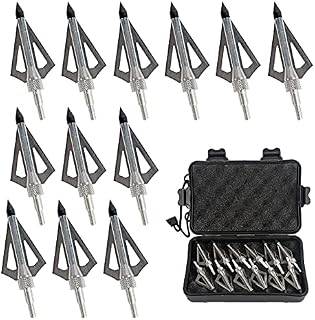 Runmeihe Metal Hunting Archery Broadheads Arrows Tip, 12PCS 100 Grain 3 Blades Blades Arrowheads for Hunting Shooting Game Traditional Bow Crossbow with a Storage Case