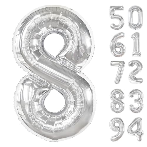 Image of Silver 8 Balloon, Number Balloons 40 Inch, 8th Birthday Decorations, Silver Birthday Balloons, Silver Party Supplies, Number 8 Balloon