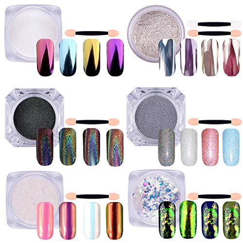 Duufin 6 Boxes Chrome Nail Powder Mirror Nail Art Powder Neon Pearl Pigment Holographic Nail Powders Manicure Powder with 7 Eyeshadow Sticks