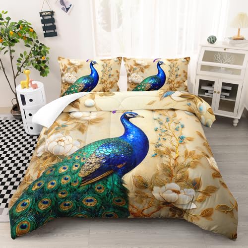 Image of AILONEN Peacock Gold Floral Luxury Print Bedding Sets Twin Size,Beautiful Garden Birds Comforter Set for Girls Women Bedroom Decor,3-Piece, 1 Quilt and 2 Pillowcases