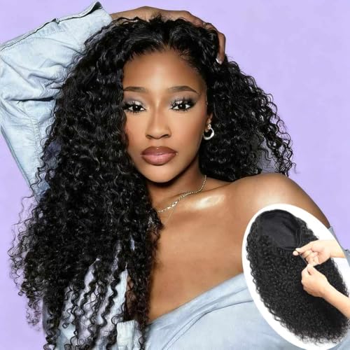Image of Srakuw Half Wig Human Hair 200 Density Water Wave Wear Go Glueless Wigs Human Hair with Drawstring 3 In 1 Half Wigs for Women Invisible Hairline Beginner Friendly (Half Wig Black Color, 22 Inch)