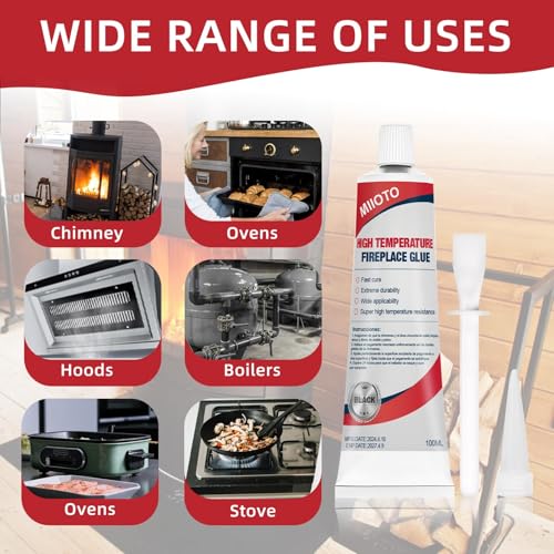 Miioto Hochtemperaturkleber, Hitzebeständiger Kleber, Hochtemperatur Silikon, Silikon Hitzebeständig 1000 Grad, Schamottkleber für Backöfen, Ofenfensterverglasung, Kaminen, öfen, Boiler, 100ml