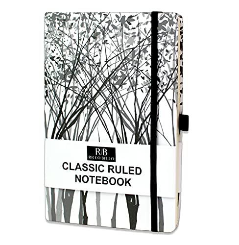 RICCO BELLO College Ruled Hardcover Lined Lay Flat Journal Notebook - Elastic Closure, Pen Loop, Bookmark, Inner Pocket, 192 Lined Pages, 5.7 x 8.4 inches (Black and White Tree)