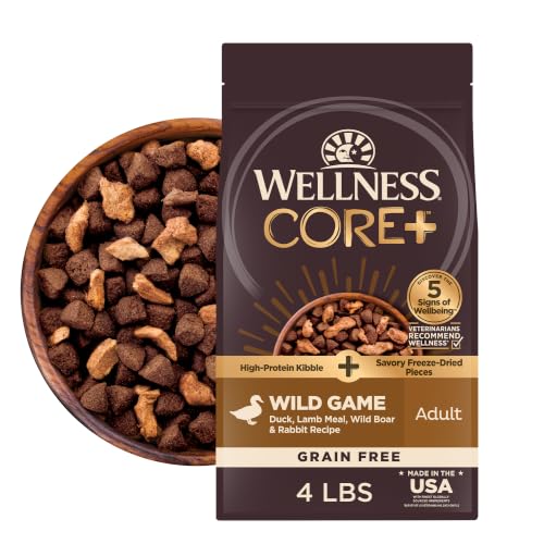Image of Wellness CORE+ Adult Dry Dog Food with Freeze Dried Pieces, Grain Free Kibble+, Natural, High Protein, Wild Game Duck, Lamb, Boar, and Rabbit Recipe, 4 lb Bag