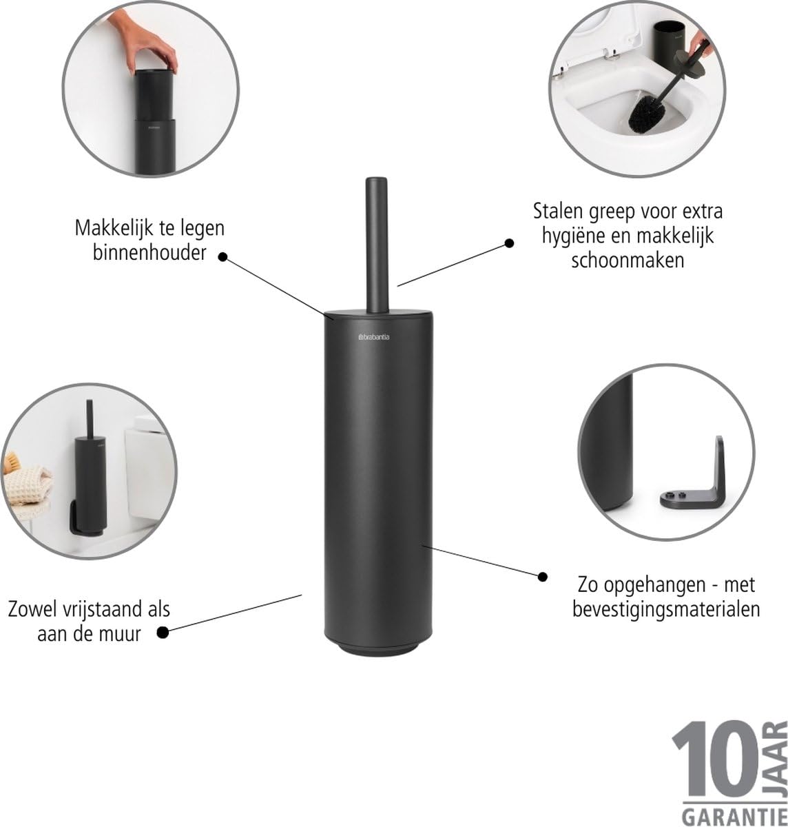 Brabantia - Mindset Toilettenbürste & Halter - Borstenbürste - Schützender Stahlgriff - Korrosionsbeständig - Badezimmerzubehör - Infinite Grey - 42 x 11 x 9,6 cm