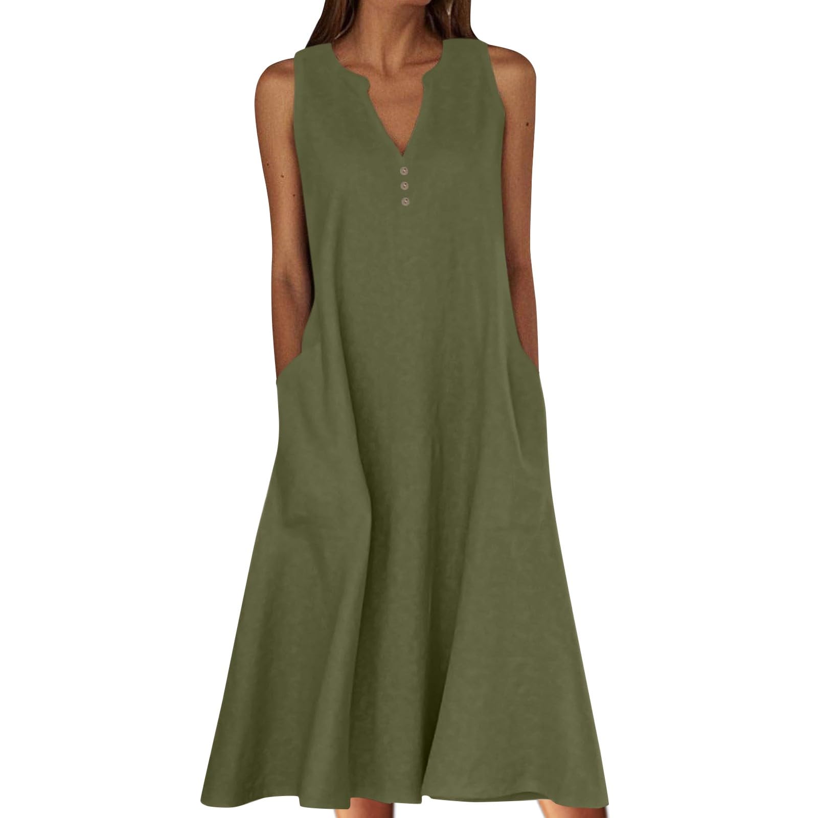 Robe de plage pour femme - Longueur genou - Mini tunique bohème - Robe de plage unie en lin - Sans manches - Avec poches et boutons décoratifs - Col en V - Robe de loisirs pour les vacances et la vie