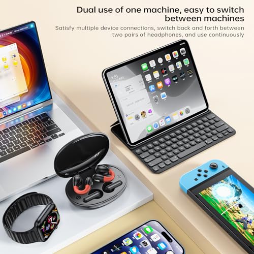 okcsc Open Wireless Ear Clip Headphones Bluetooth V5.3, Two Pairs of Earbuds, TWS+OWS 2 in 1 & Wireless Charging Case & Noise Reduction & Touch Control, Quick Switch Between Two Pairs of Earbuds,White