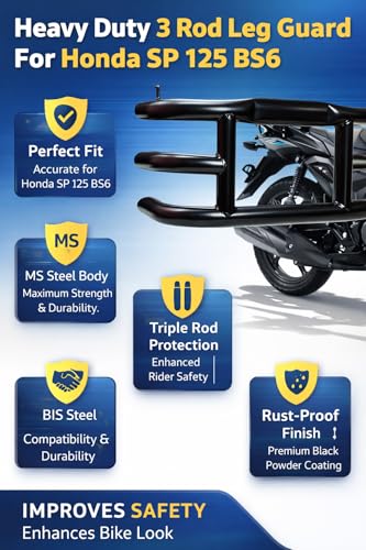 Image of Heavy Duty 3 Rod Leg Guard Compatible with Honda SP 125 | Crash Guard with Premium Black Powder Coating | Strong Mild Steel Body | Bike Safety Guard